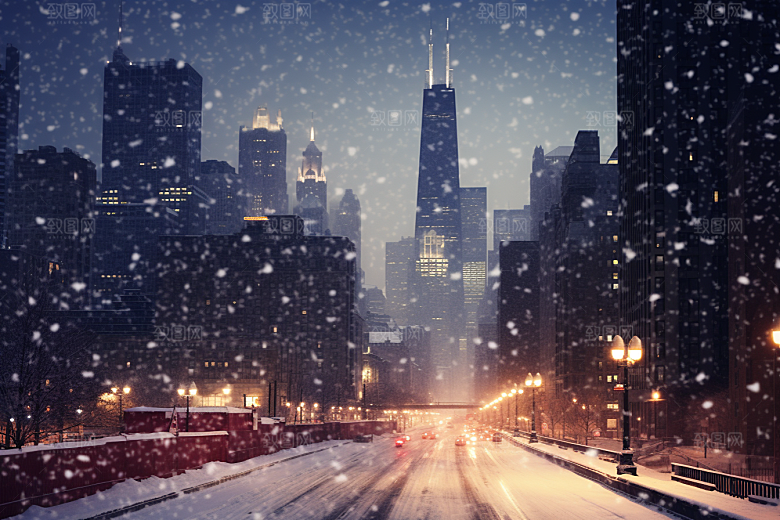 城市雪景静谧建筑原画