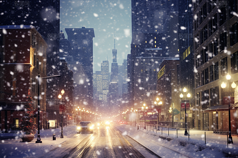 城市雪景城市街道高清原画