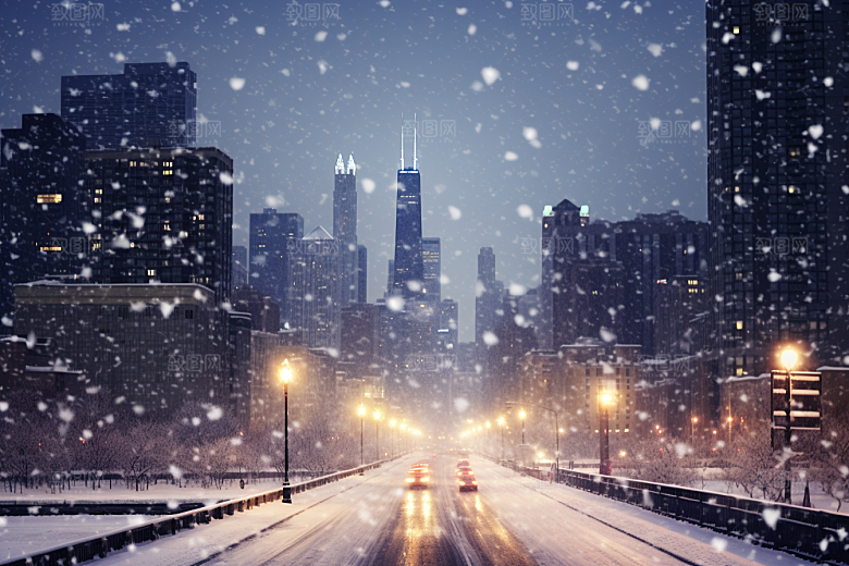 城市雪景雪夜城市街道原画