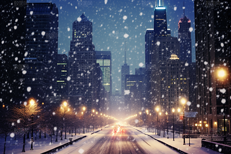 城市雪景雪夜城市街道原画