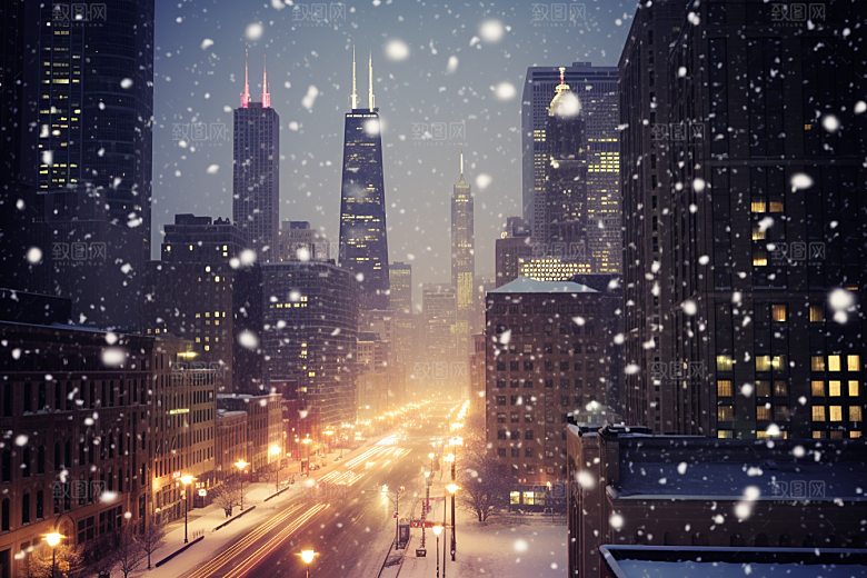 城市雪景建筑静谧原画
