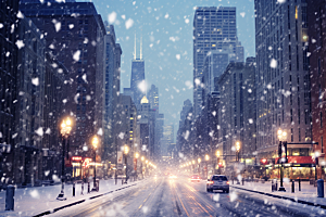 城市雪景城市街道雪夜原画