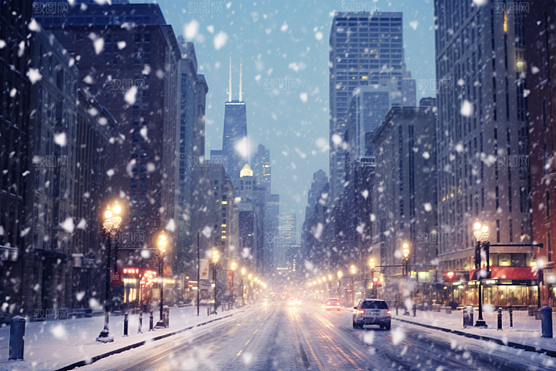 城市雪景城市街道雪夜原画