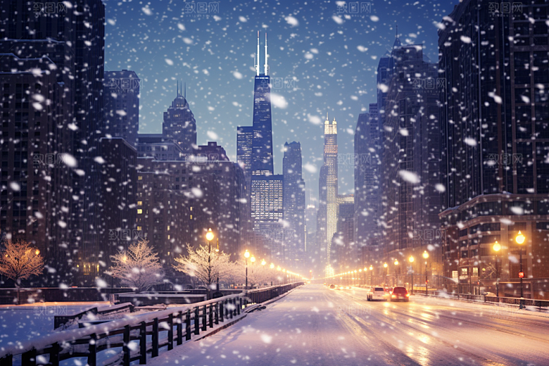 城市雪景城市街道建筑原画