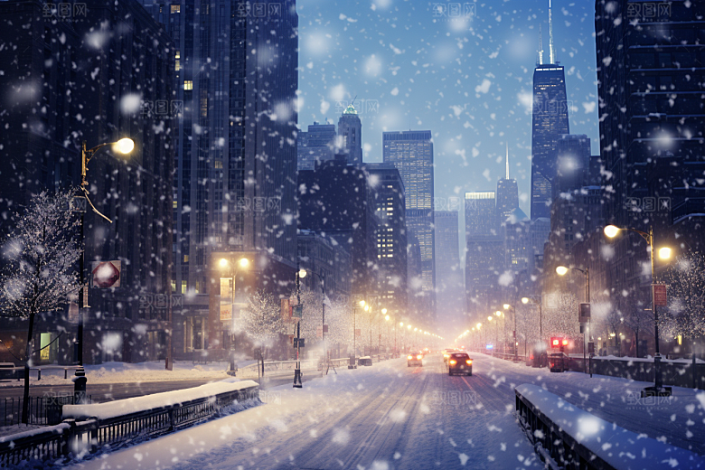 城市雪景建筑静谧原画