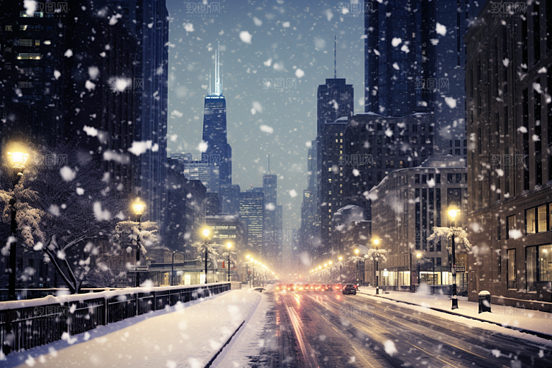 城市雪景雪夜建筑原画