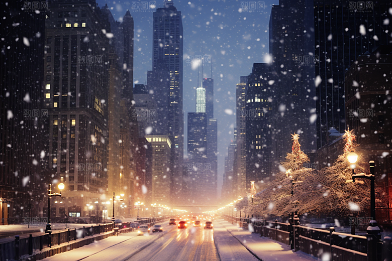 城市雪景城市街道雪夜原画