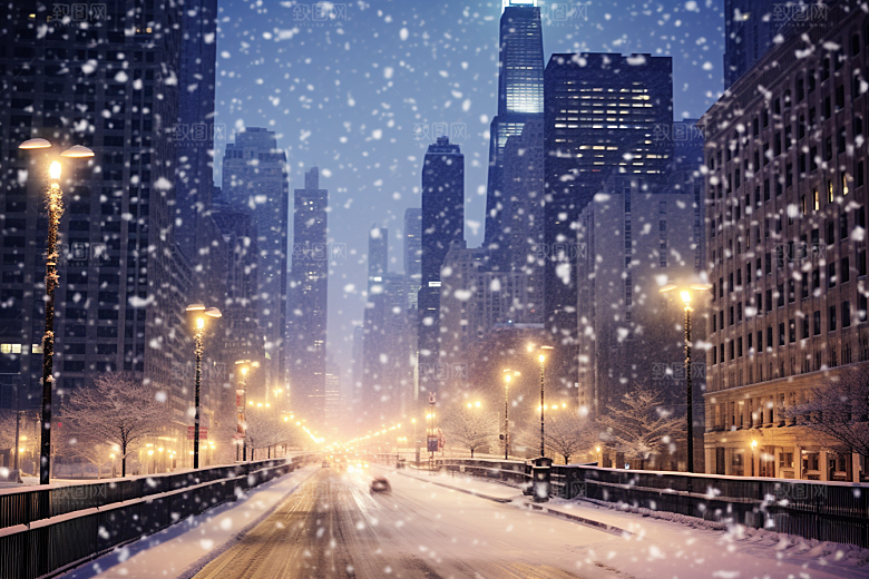城市雪景静谧城市街道原画