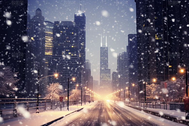 城市雪景城市街道安静原画