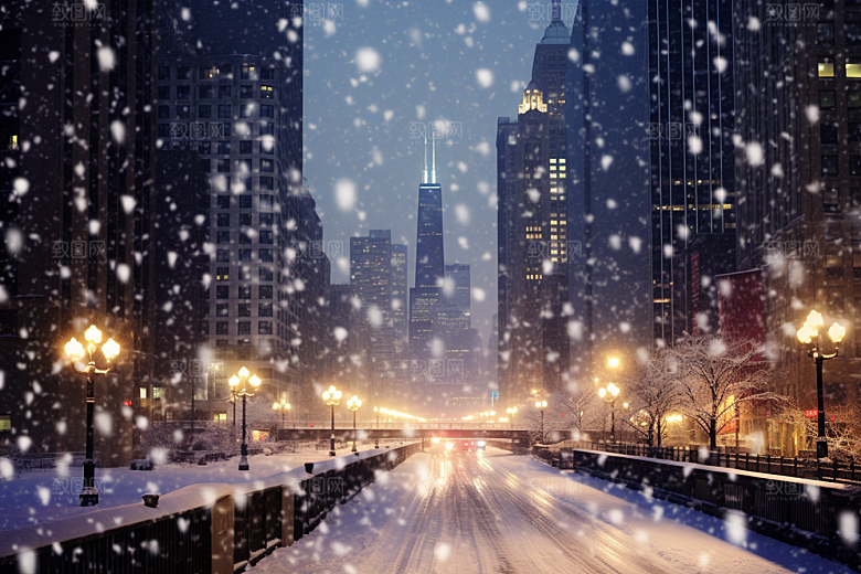 城市雪景建筑下雪的都市原画