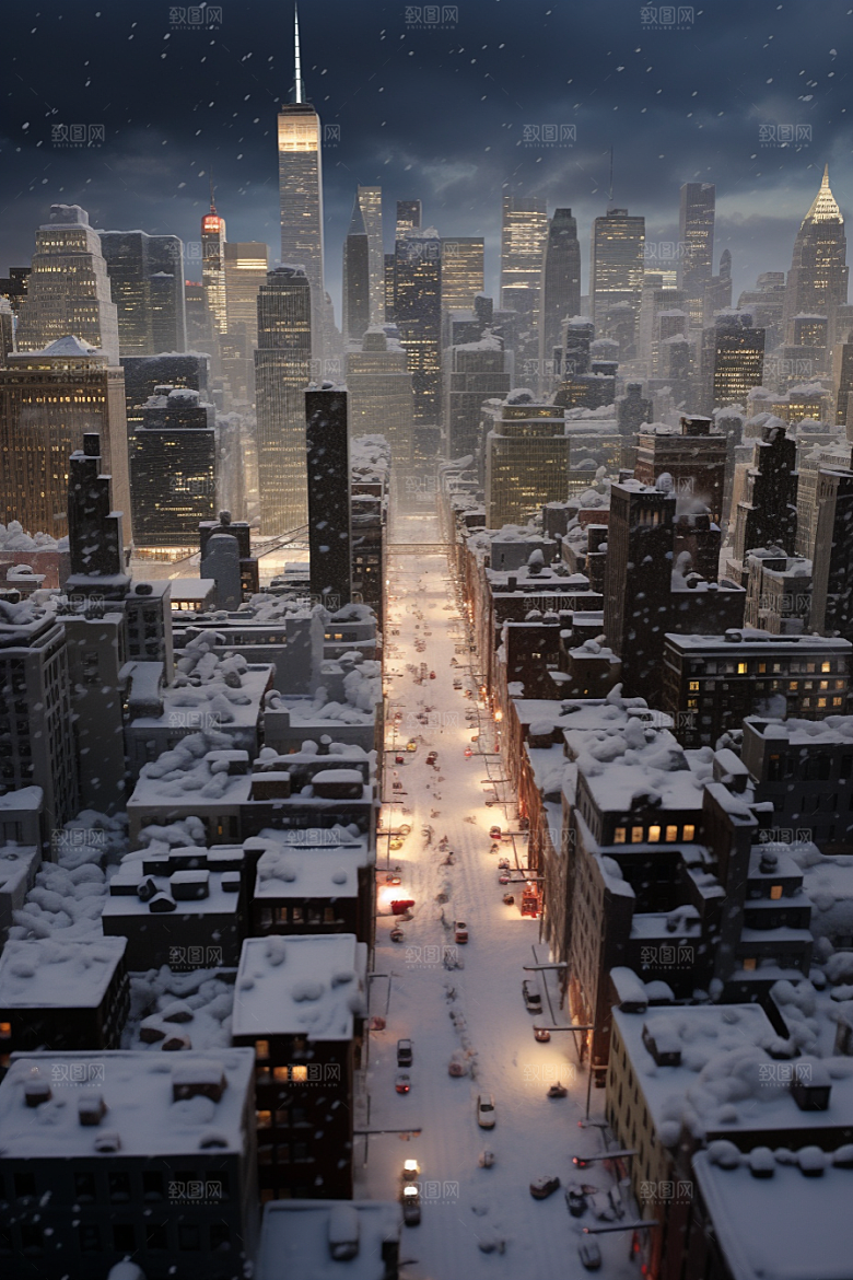 城市雪景建筑静谧原画
