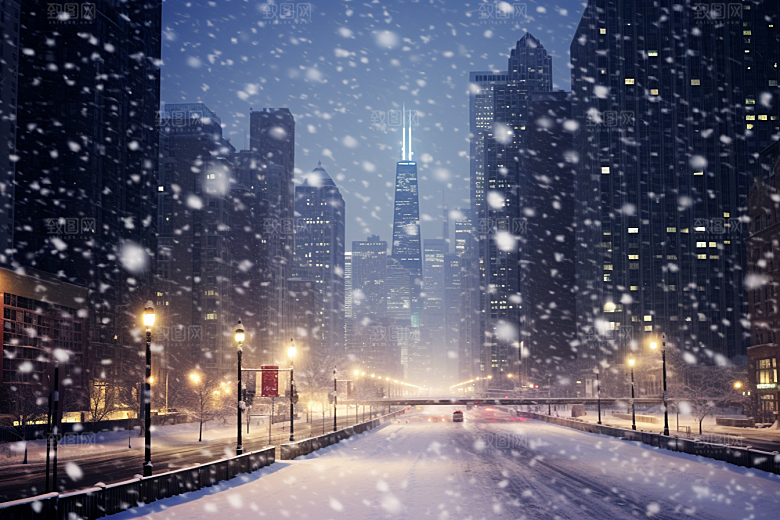 城市雪景建筑静谧原画