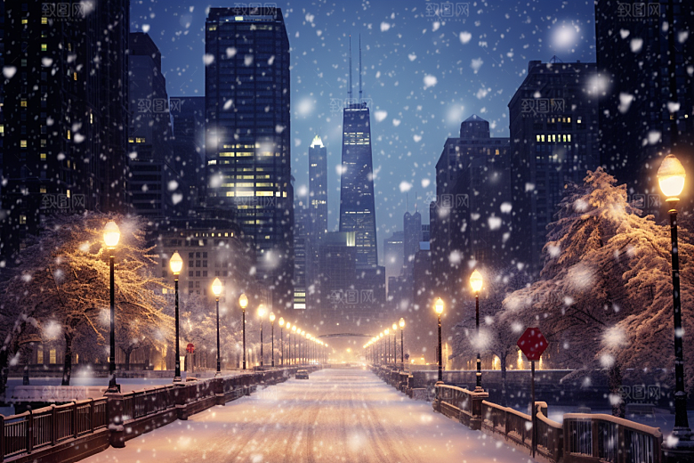 城市雪景雪夜静谧原画