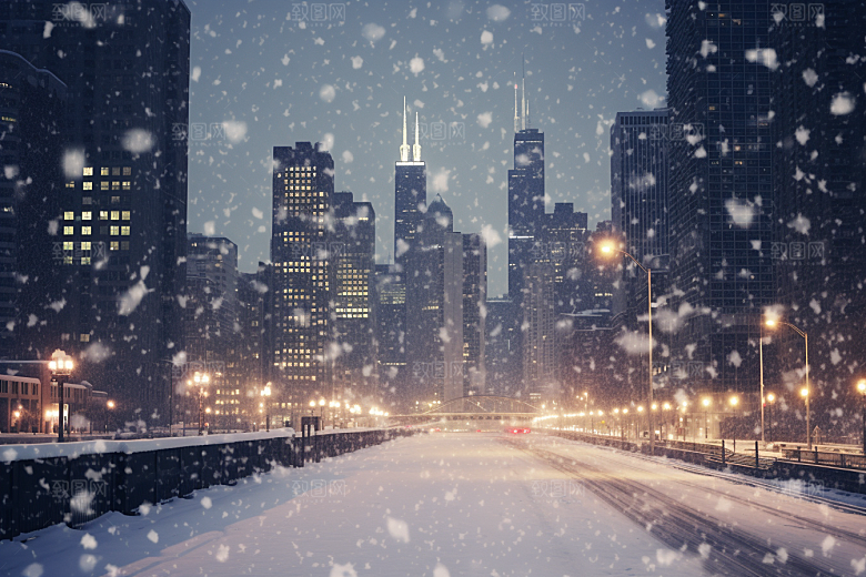 城市雪景下雪的都市建筑原画