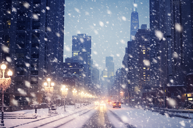 城市雪景城市街道建筑原画