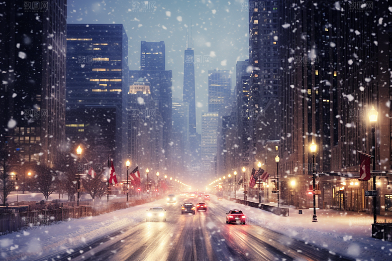 城市雪景城市街道下雪的都市原画