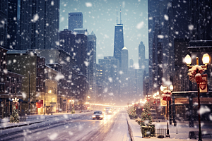 城市雪景城市街道雪夜原画