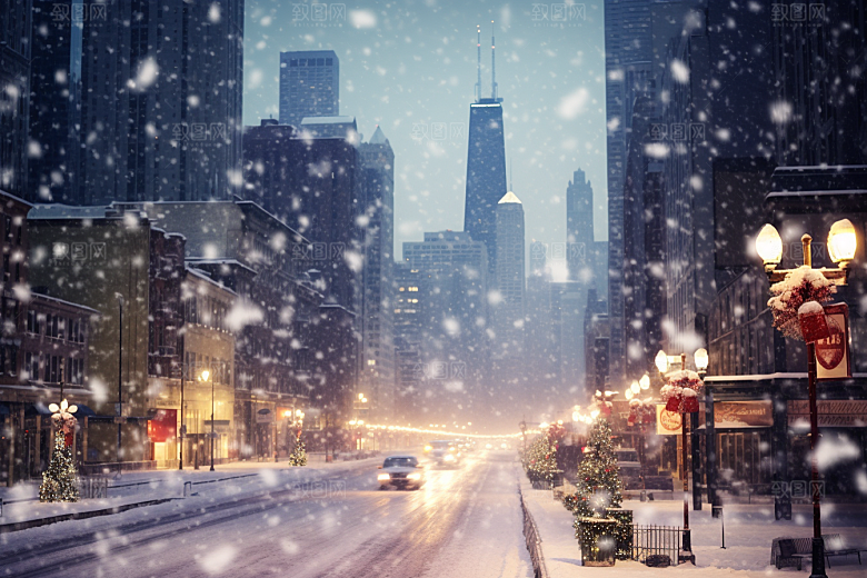 城市雪景城市街道雪夜原画
