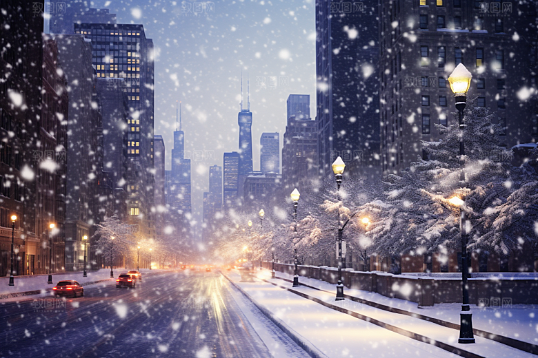 城市雪景高清下雪的都市原画