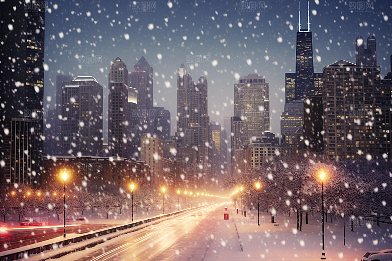 城市雪景静谧城市街道原画