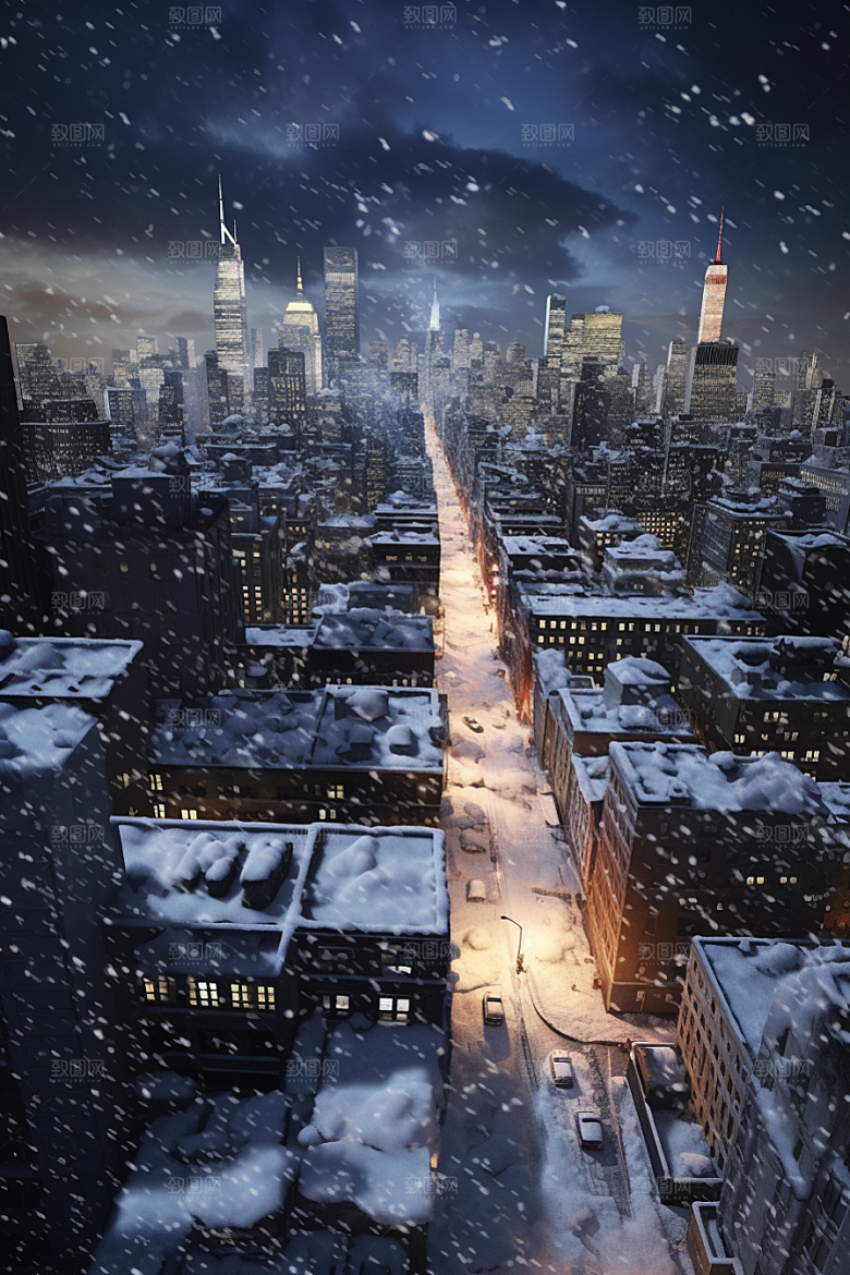 城市雪景城市街道安静原画
