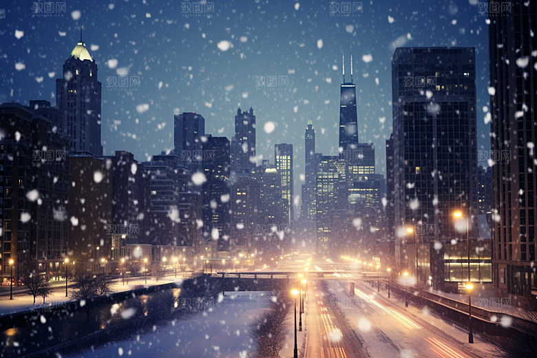 城市雪景建筑静谧原画