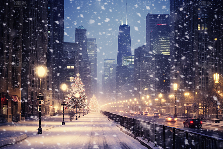 城市雪景建筑静谧原画