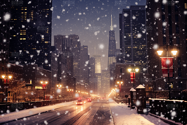 城市雪景城市街道高清原画