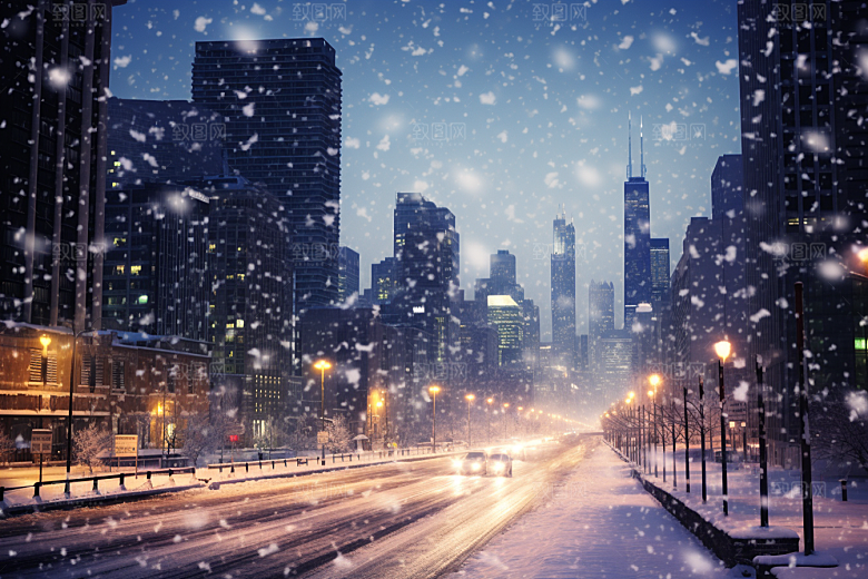 城市雪景城市街道雪夜原画