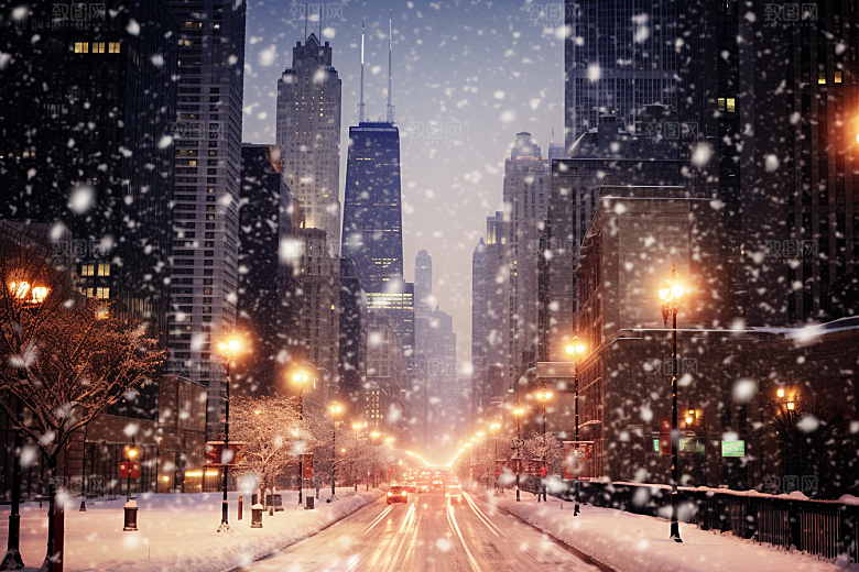城市雪景城市街道建筑原画