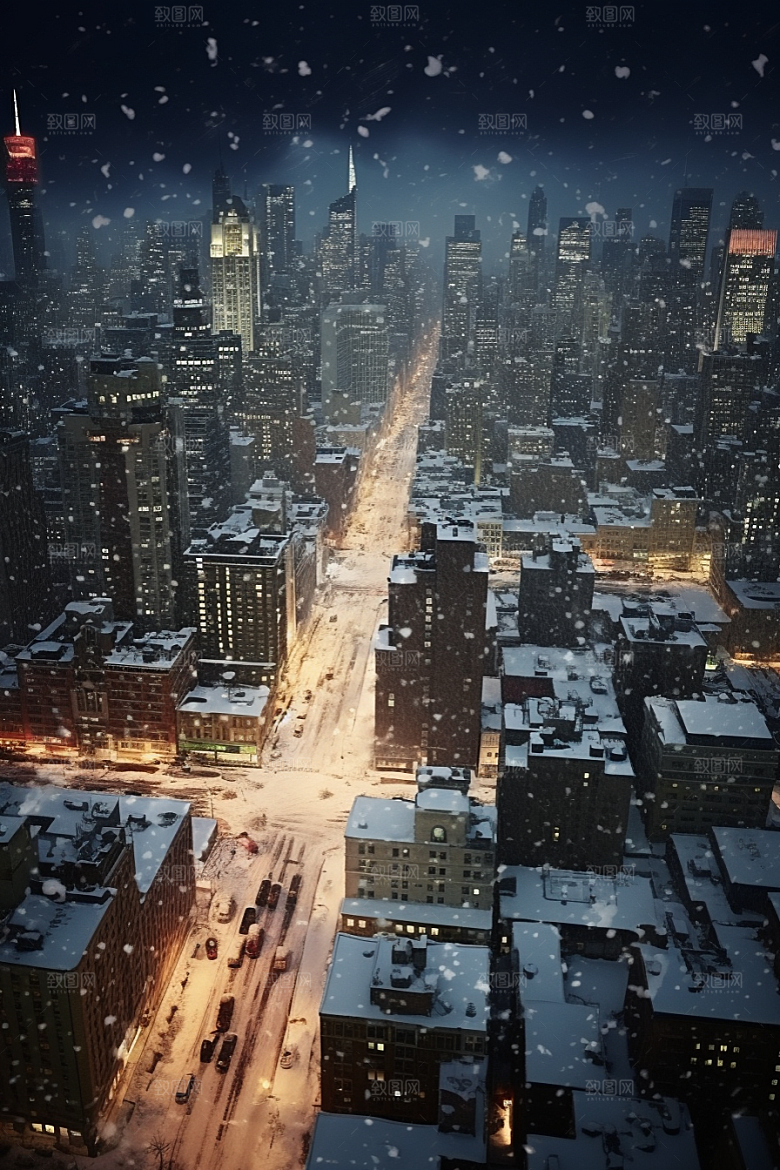 城市雪景雪夜城市街道原画