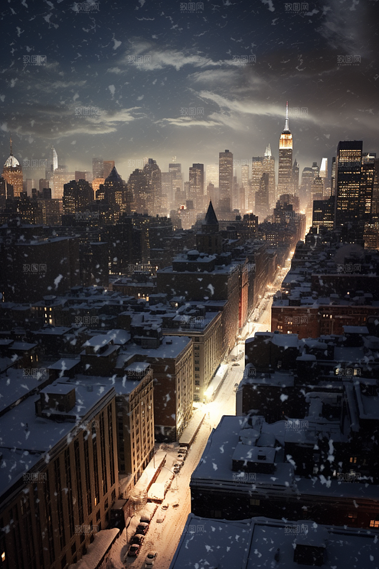 城市雪景雪夜静谧原画