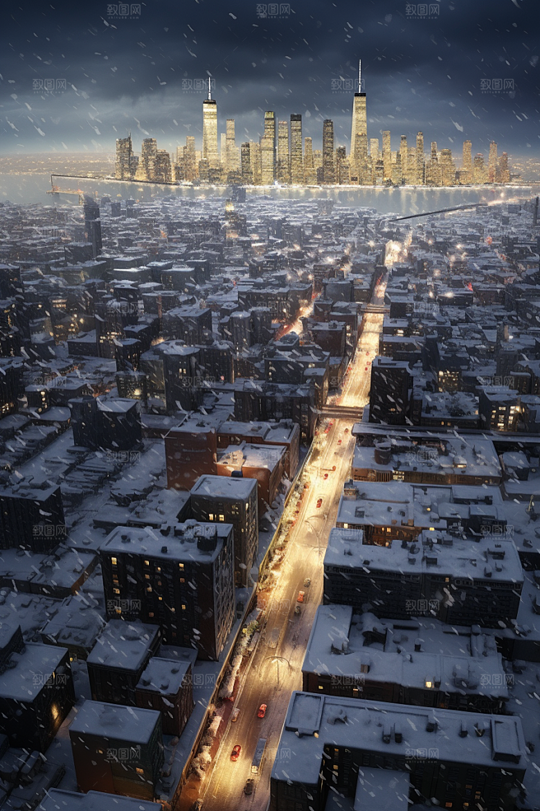 城市雪景静谧城市街道原画