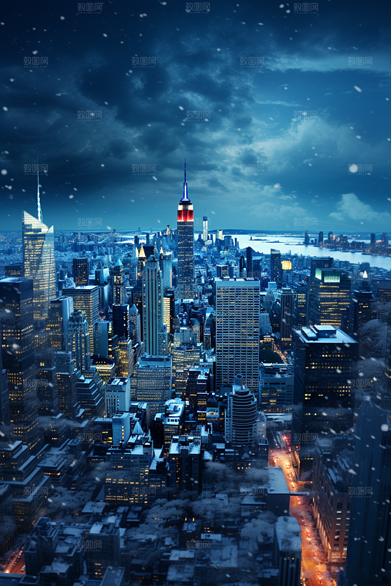 城市雪景雪夜建筑原画
