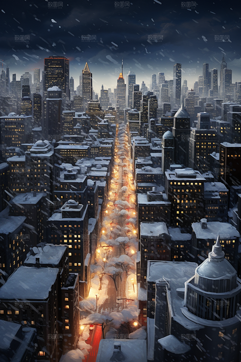 城市雪景安静雪夜原画