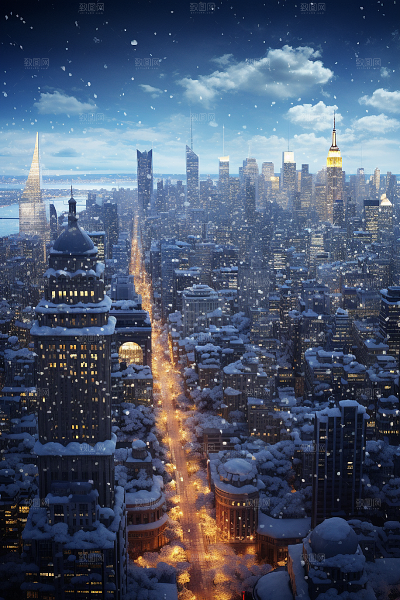 城市雪景安静静谧原画