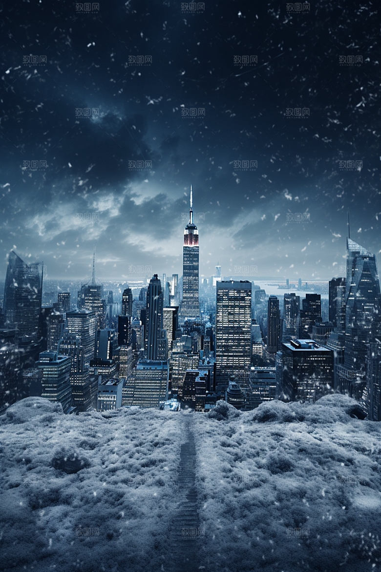 城市雪景建筑雪夜原画