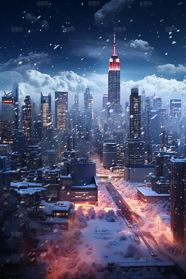 城市雪景高清建筑原画