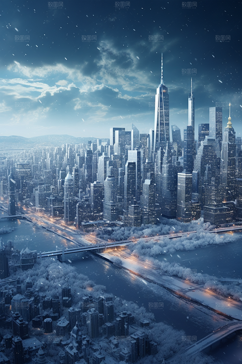 城市雪景雪夜安静原画