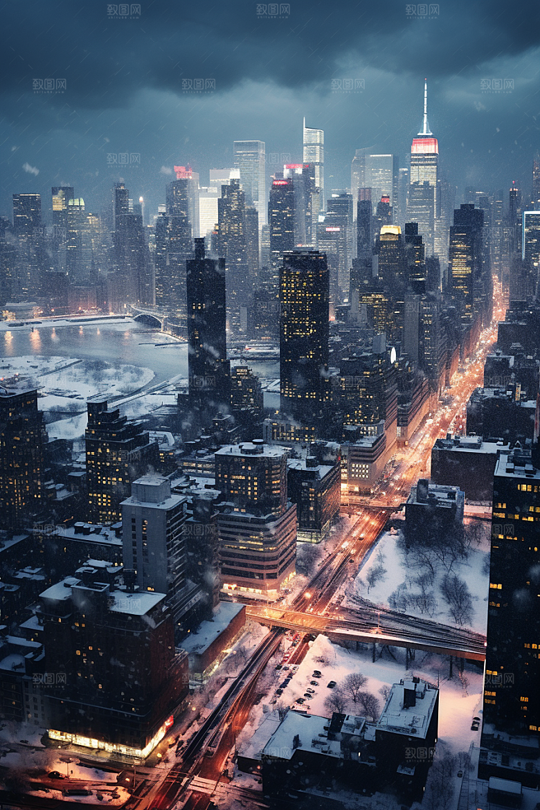 城市雪景静谧城市街道原画