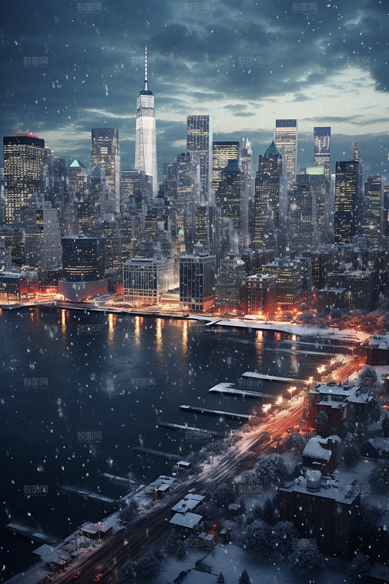 城市雪景下雪的都市建筑原画