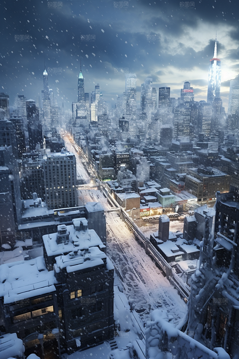 城市雪景城市街道建筑原画