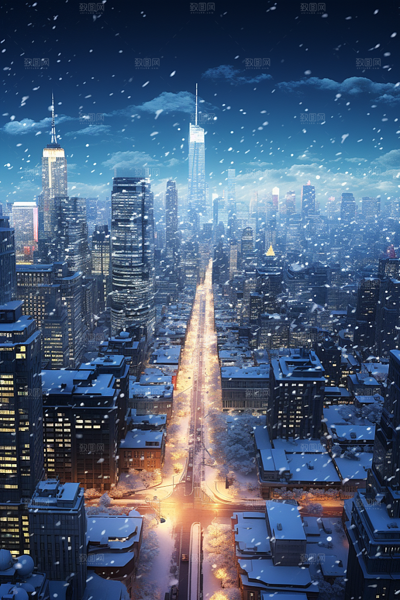 城市雪景雪夜静谧原画