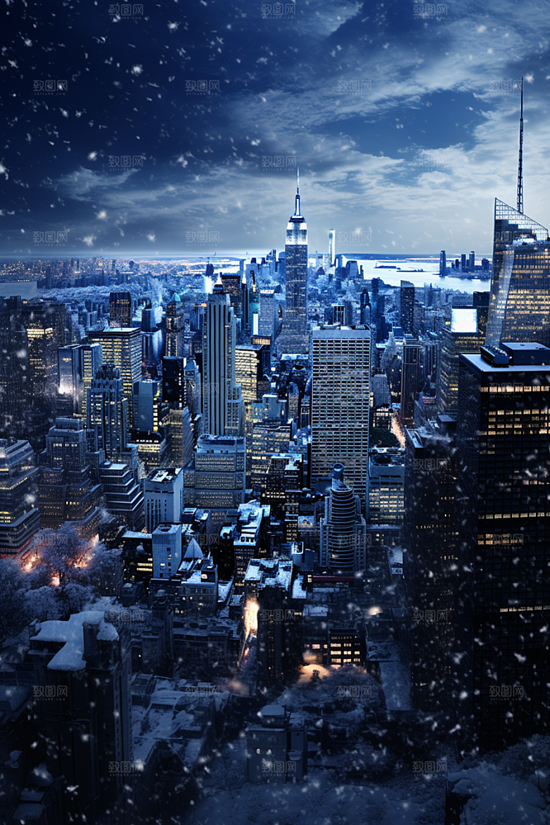 城市雪景建筑雪夜原画