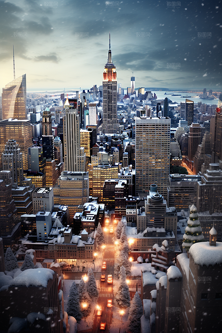 城市雪景高清下雪的都市原画