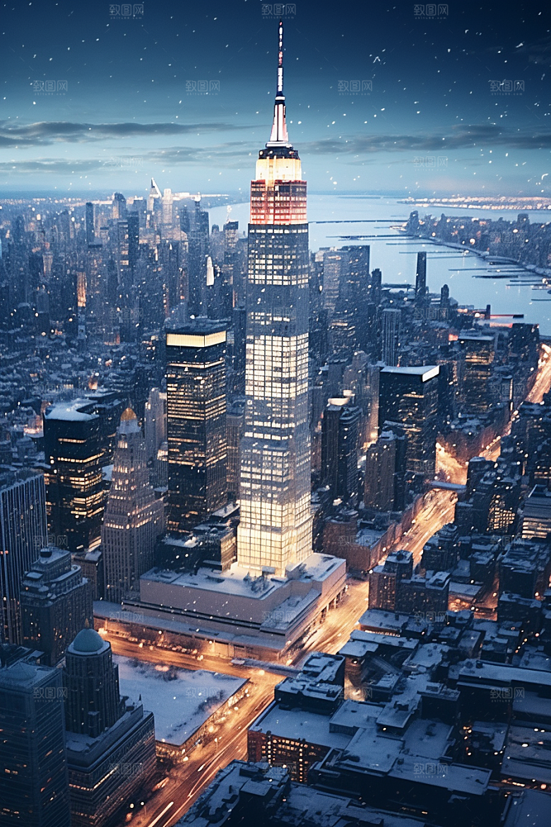 城市雪景静谧建筑原画
