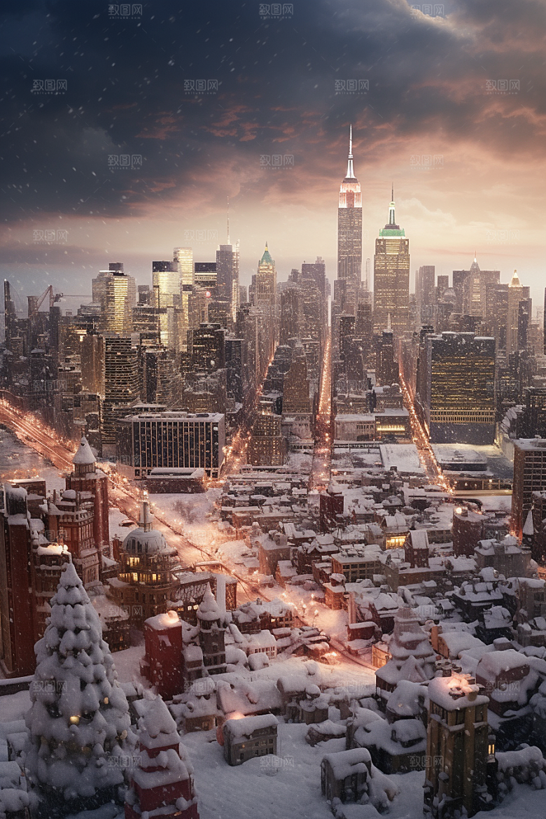 城市雪景城市街道高清原画