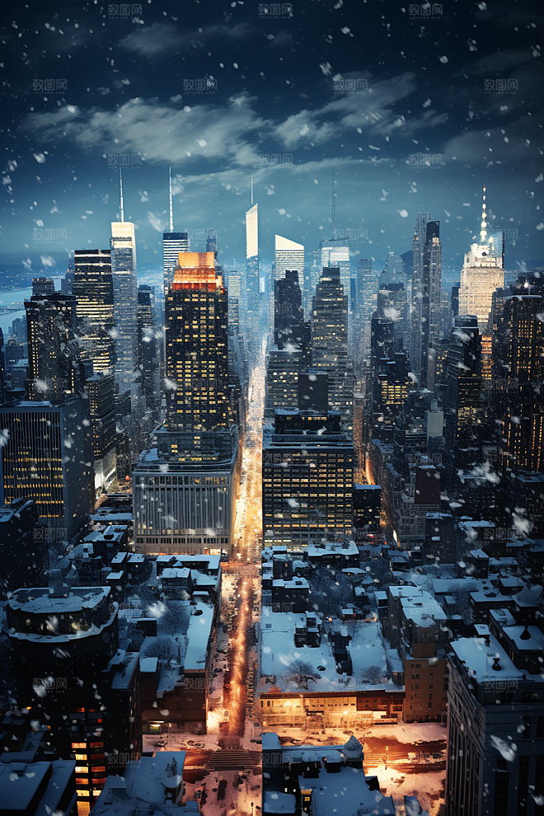 城市雪景雪夜建筑原画
