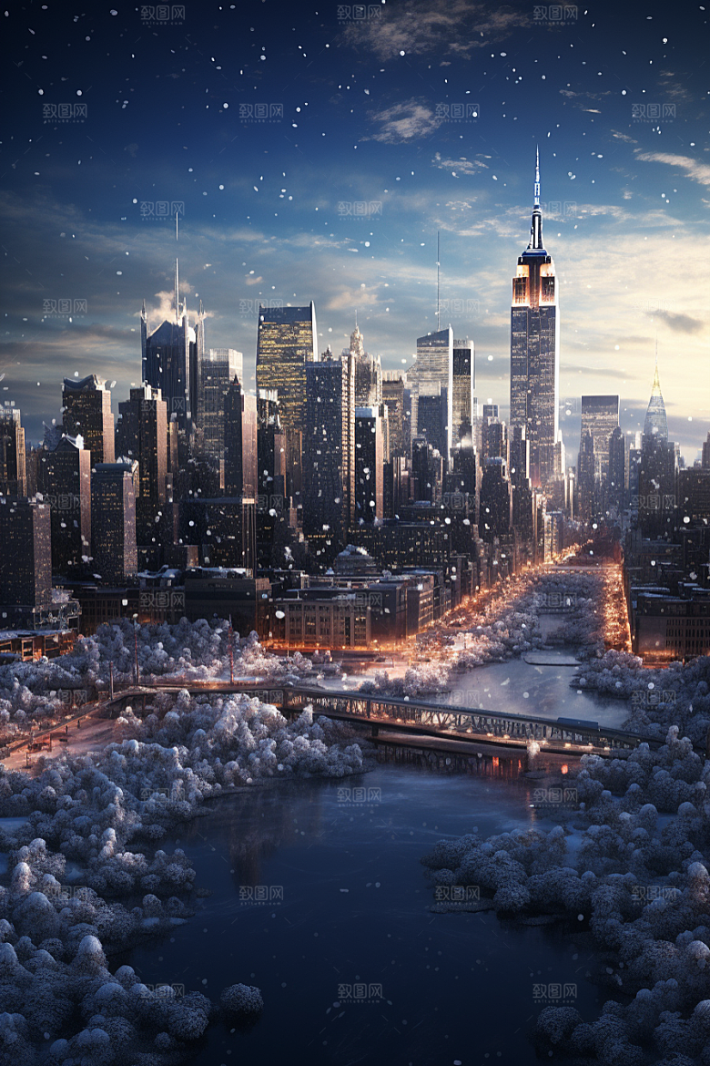 城市雪景建筑安静原画