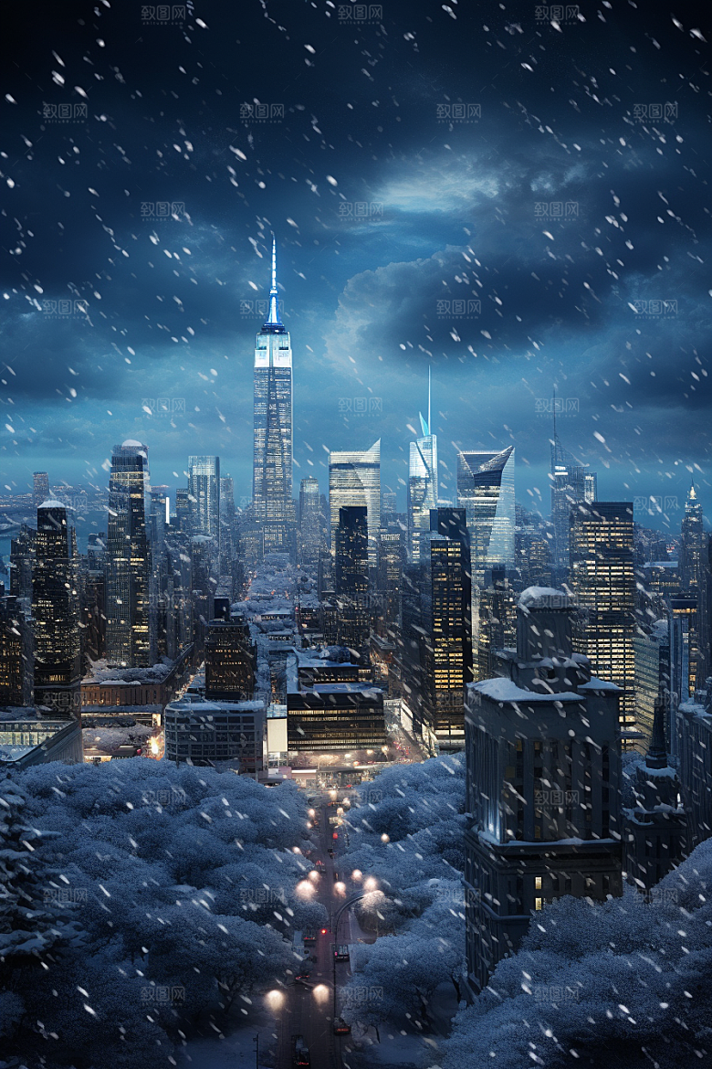 城市雪景建筑雪夜原画